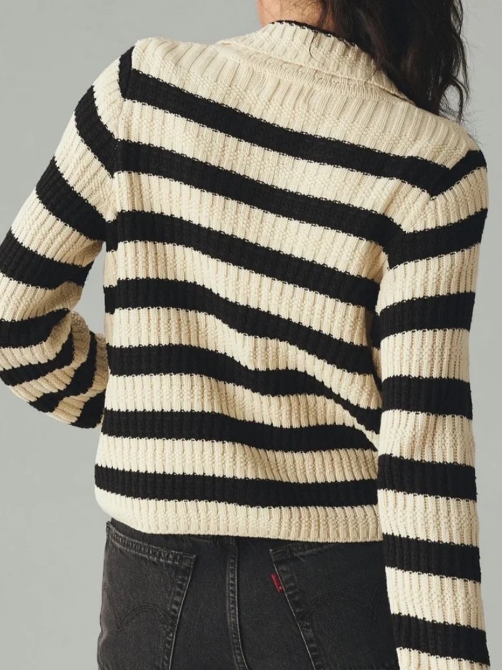 Maeve by Anthropologie Greta Black & Cream Striped Ribbed Button Polo Cardigan - Picture 3 of 14